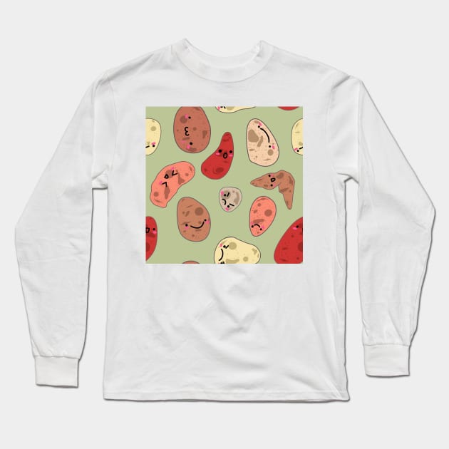 Cute Potato Faces Pattern Shirt Adorable and Quirky Tee for Potato Lovers Long Sleeve T-Shirt by Nemui Sensei Designs